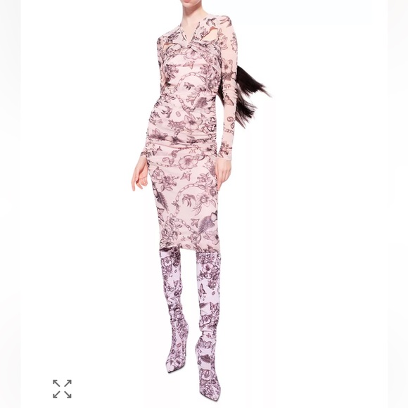 Pinko Dresses & Skirts - Pinko Aderente Tattoo Print Floral Pink Ruched Mesh Long Sleeve Dress Size L NWT